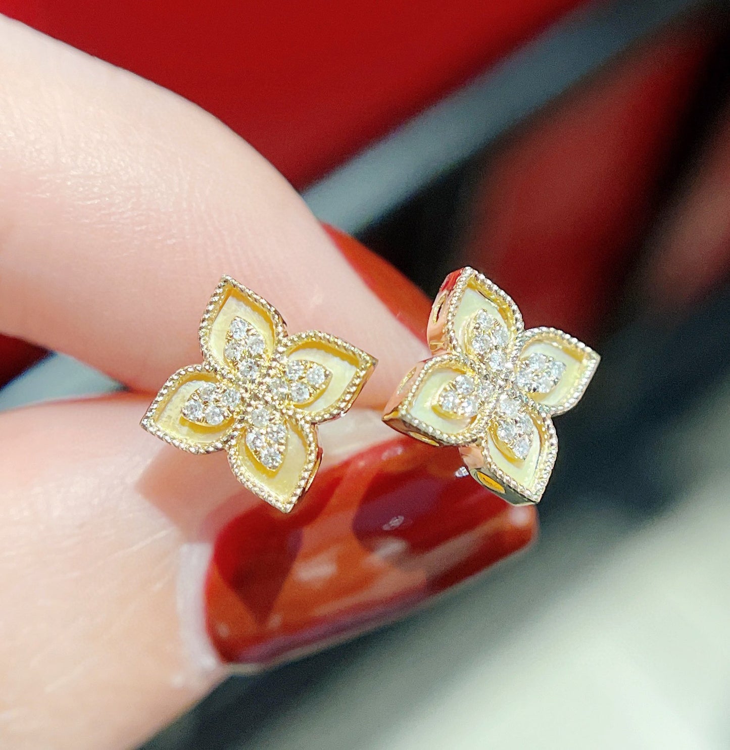 Lucky Clover Stud Earrings/18K Solid Gold Four Leaf Flower Diamond Stud Earrings