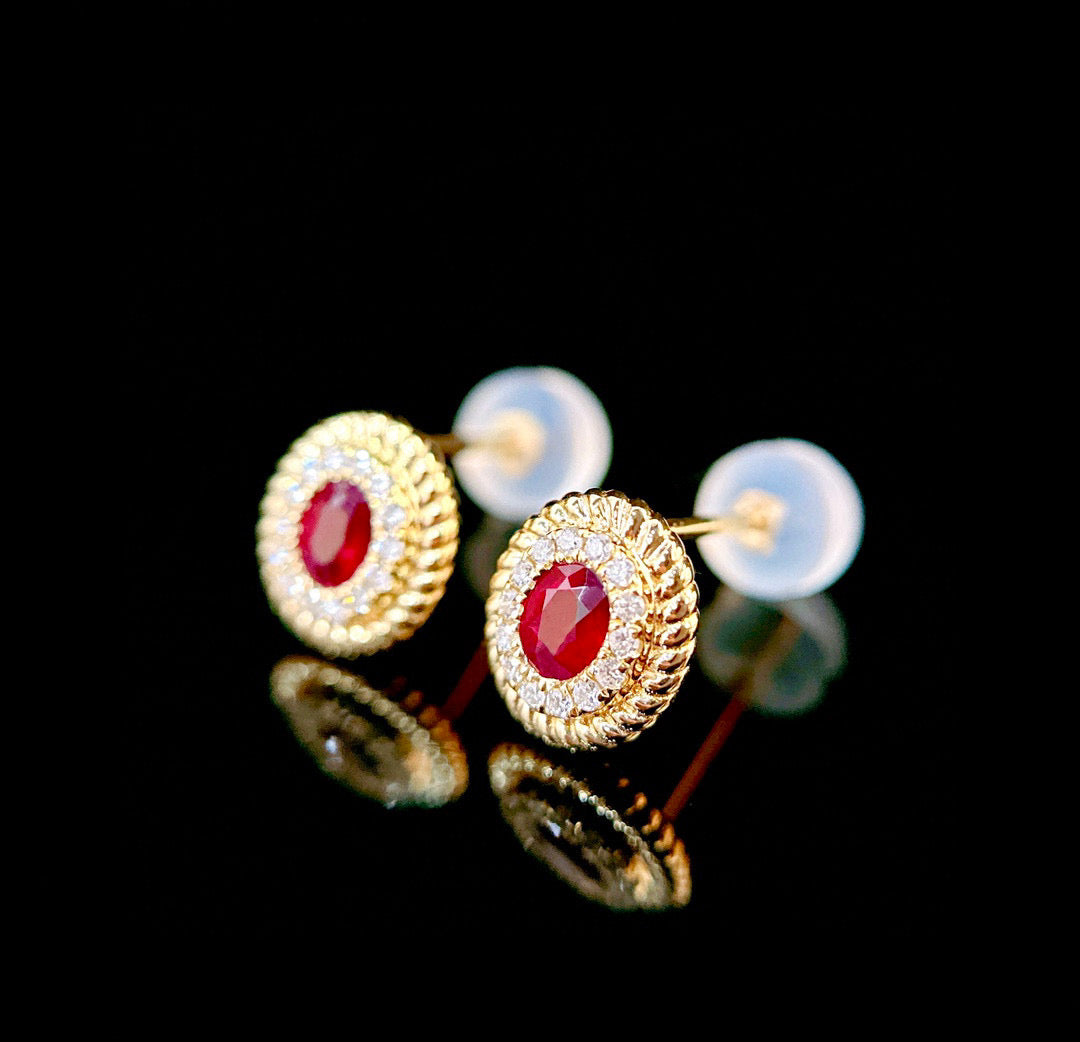 Art Deco Ruby Diamond Stud Earrings,18K Solid Gold Ruby Diamond Earrings