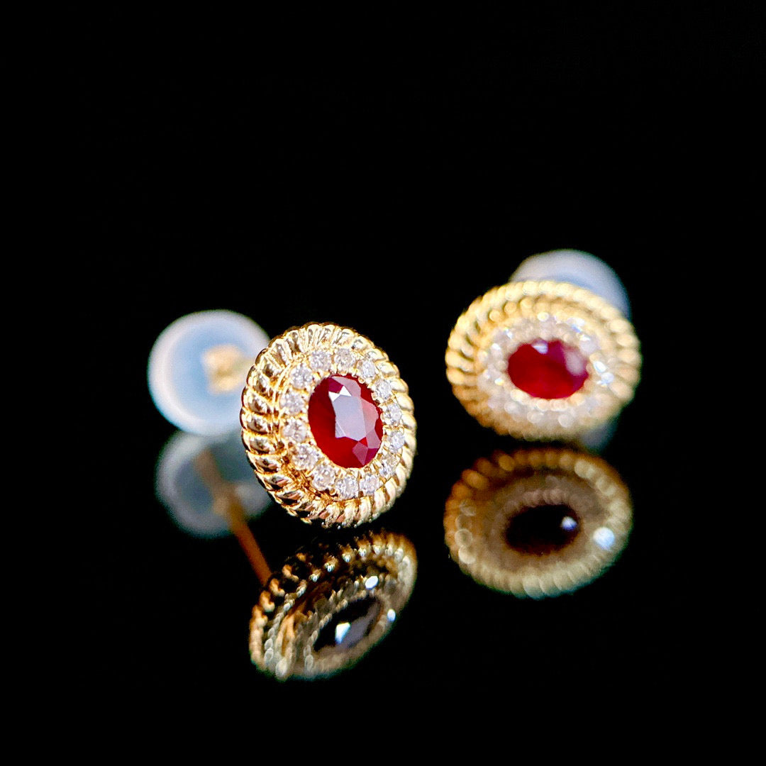 Art Deco Ruby Diamond Stud Earrings,18K Solid Gold Ruby Diamond Earrings