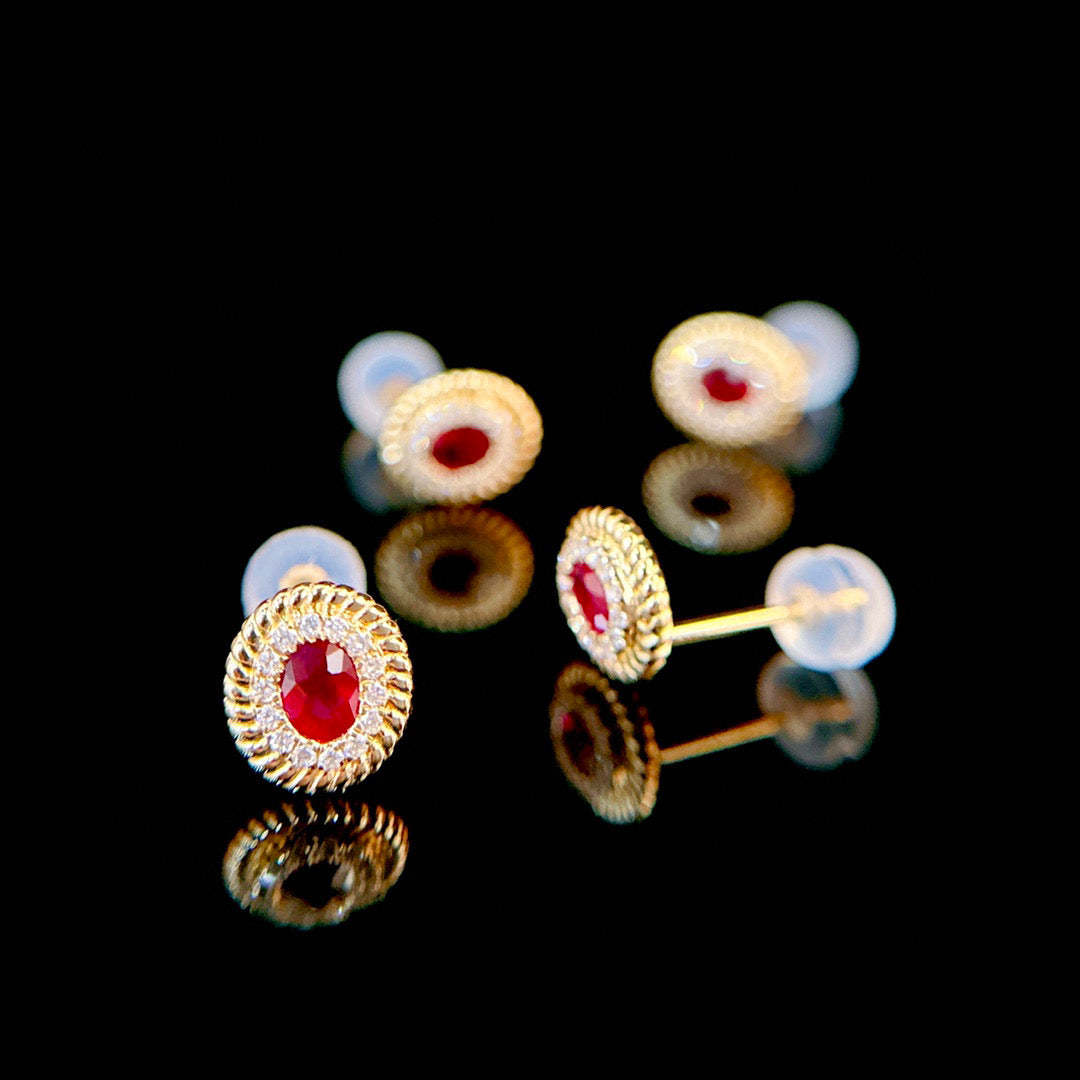 Art Deco Ruby Diamond Stud Earrings,18K Solid Gold Ruby Diamond Earrings