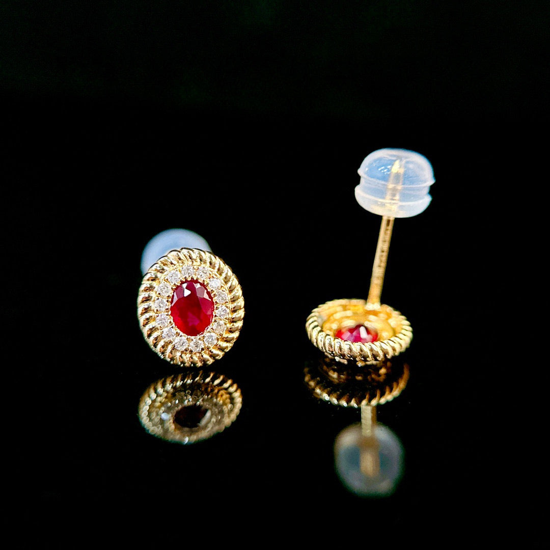 Art Deco Ruby Diamond Stud Earrings,18K Solid Gold Ruby Diamond Earrings