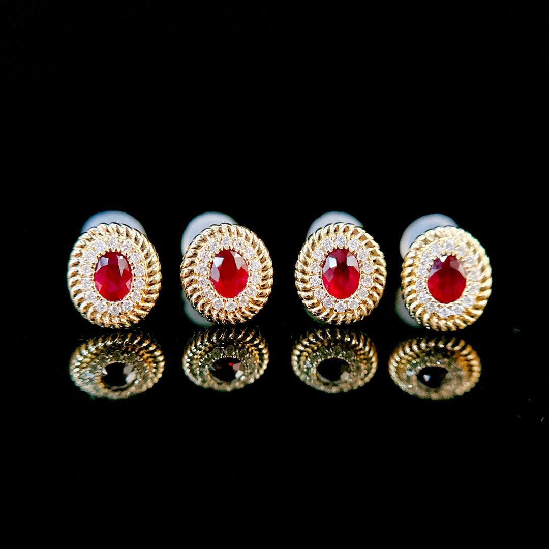 Art Deco Ruby Diamond Stud Earrings,18K Solid Gold Ruby Diamond Earrings