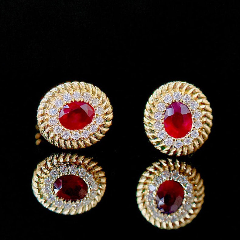 Art Deco Ruby Diamond Stud Earrings,18K Solid Gold Ruby Diamond Earrings