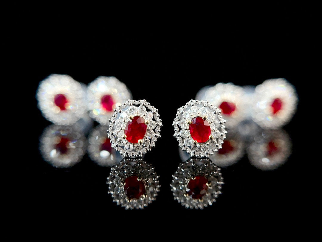 Vintage Ruby Diamond Stud Earrings,18K Solid Gold Ruby Diamond Stud Earrings