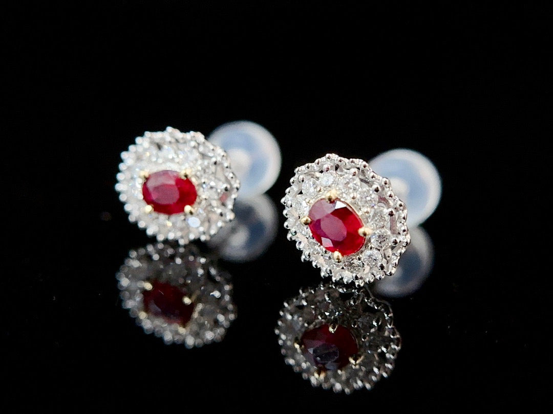 Vintage Ruby Diamond Stud Earrings,18K Solid Gold Ruby Diamond Stud Earrings