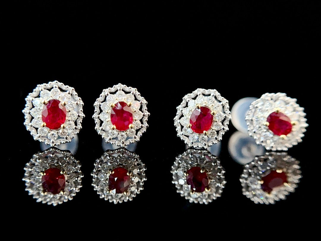 Vintage Ruby Diamond Stud Earrings,18K Solid Gold Ruby Diamond Stud Earrings