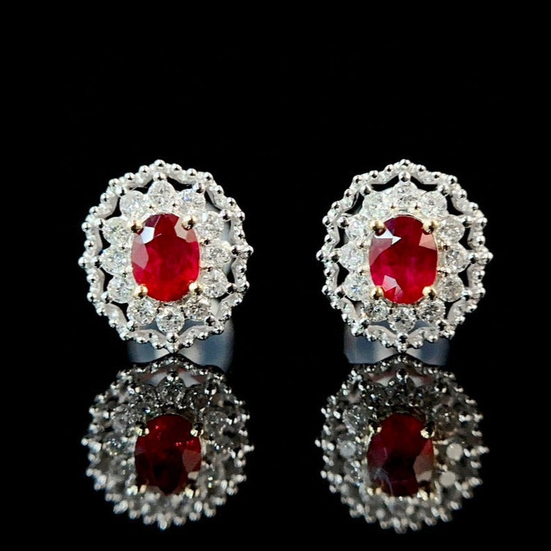 Vintage Ruby Diamond Stud Earrings,18K Solid Gold Ruby Diamond Stud Earrings