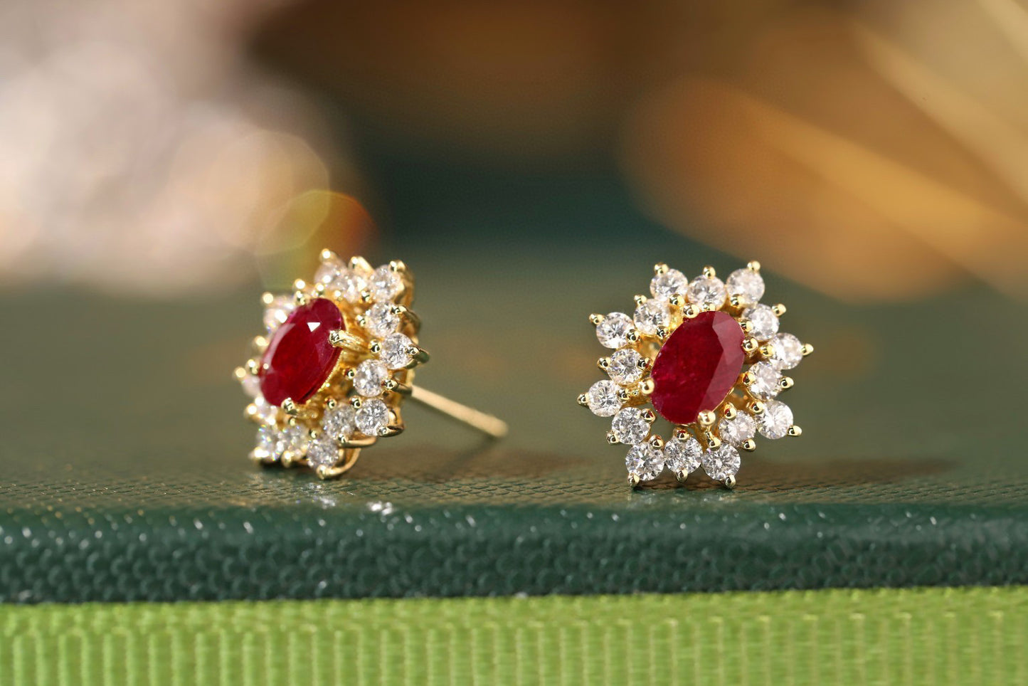 Solitaire Ruby Diamond Stud Earrings,18K Solid Gold Ruby Diamond Stud Earrings