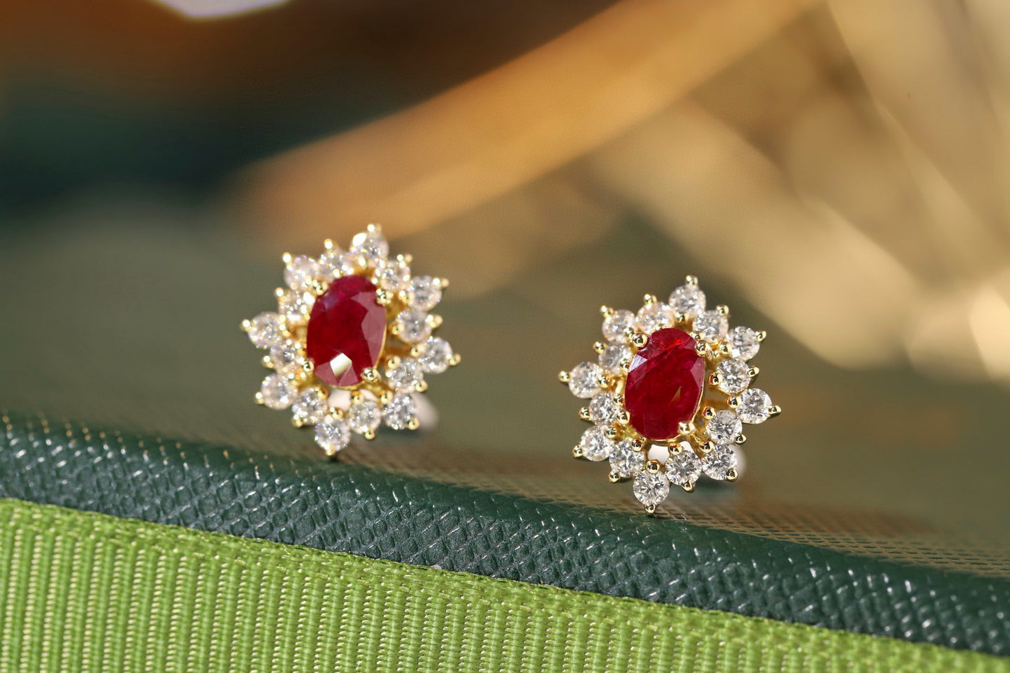 Solitaire Ruby Diamond Stud Earrings,18K Solid Gold Ruby Diamond Stud Earrings