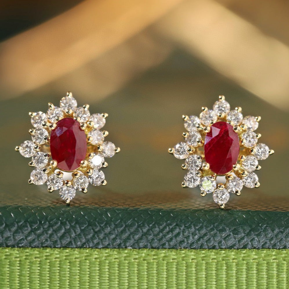 Solitaire Ruby Diamond Stud Earrings,18K Solid Gold Ruby Diamond Stud Earrings