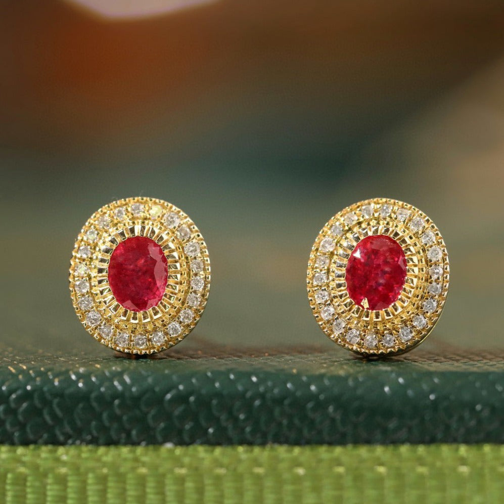 Classic Ruby Diamond Earrings,18K Solid Gold Ruby Diamond Stud Earrings