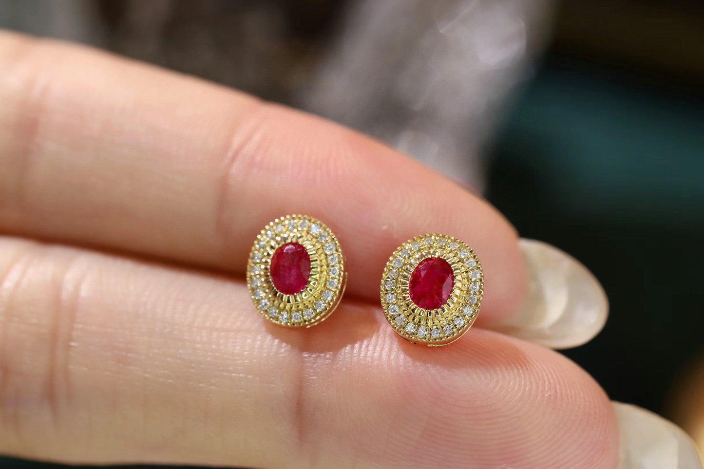 Classic Ruby Diamond Earrings,18K Solid Gold Ruby Diamond Stud Earrings