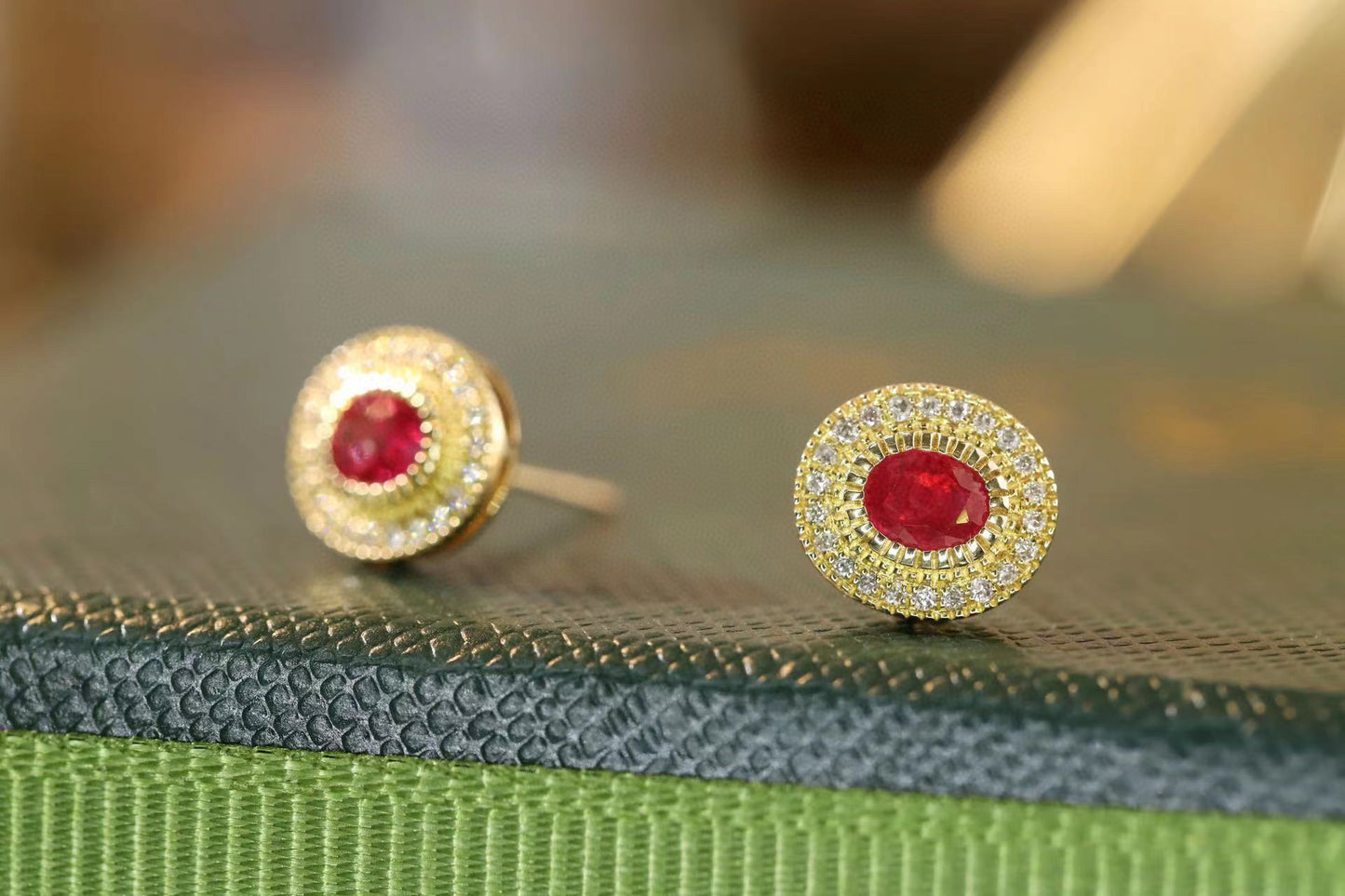 Classic Ruby Diamond Earrings,18K Solid Gold Ruby Diamond Stud Earrings