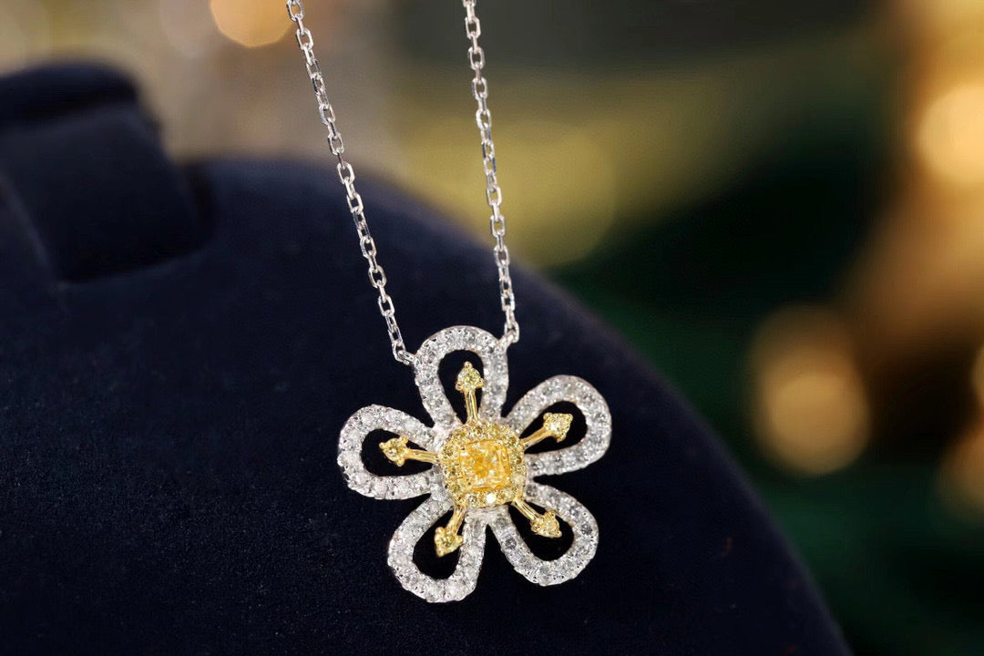 18K Solid Gold Genuine Yellow Diamond Flower necklace/Dainty Flower Diamond necklace/wedding,Anniversary Jewelry/ gift for her