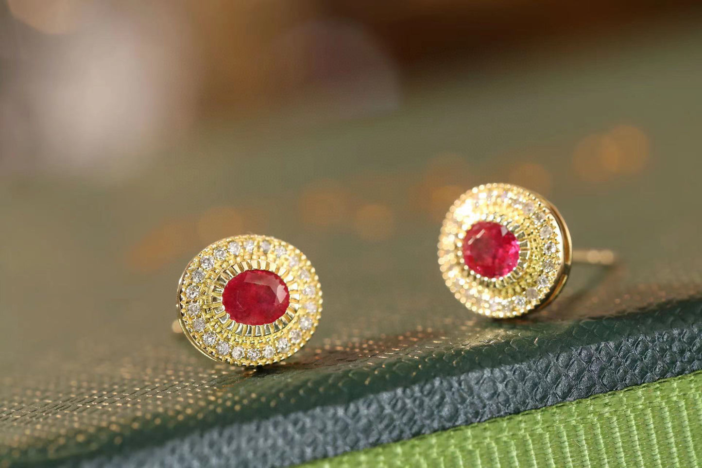 Classic Ruby Diamond Earrings,18K Solid Gold Ruby Diamond Stud Earrings