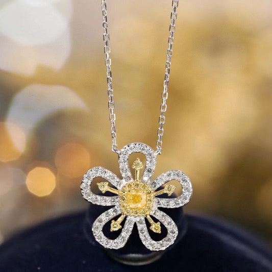 18K Solid Gold Genuine Yellow Diamond Flower necklace/Dainty Flower Diamond necklace/wedding,Anniversary Jewelry/ gift for her