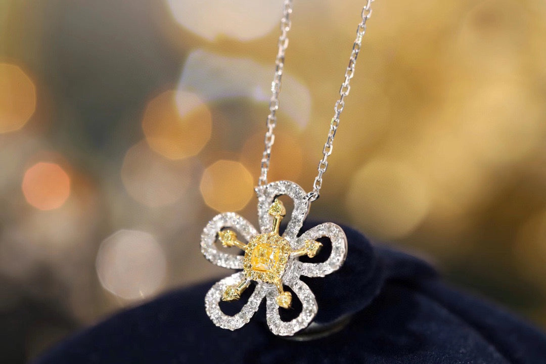 18K Solid Gold Genuine Yellow Diamond Flower necklace/Dainty Flower Diamond necklace/wedding,Anniversary Jewelry/ gift for her