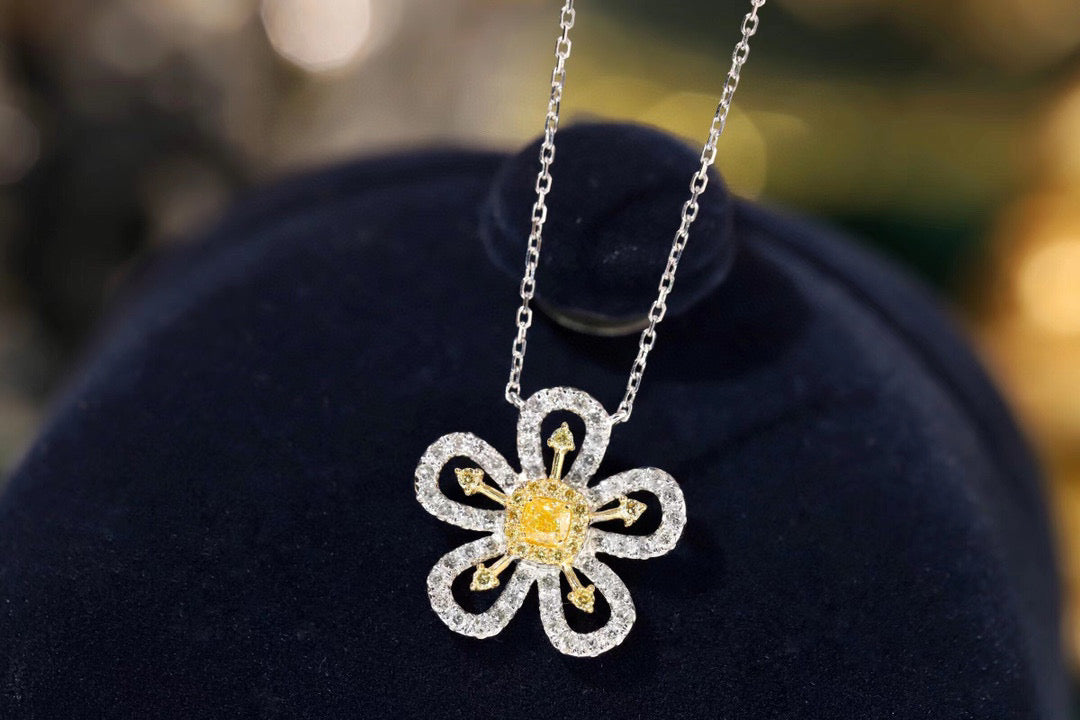 18K Solid Gold Genuine Yellow Diamond Flower necklace/Dainty Flower Diamond necklace/wedding,Anniversary Jewelry/ gift for her