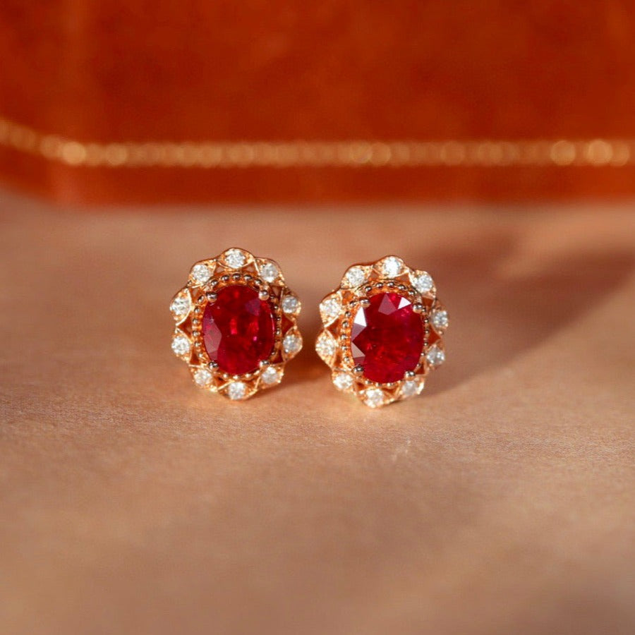 Vintage Ruby Diamond Earrings, 18K Solid Gold Ruby Diamond Stud Earrings