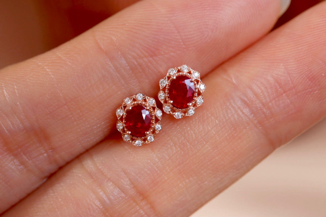 Vintage Ruby Diamond Earrings, 18K Solid Gold Ruby Diamond Stud Earrings