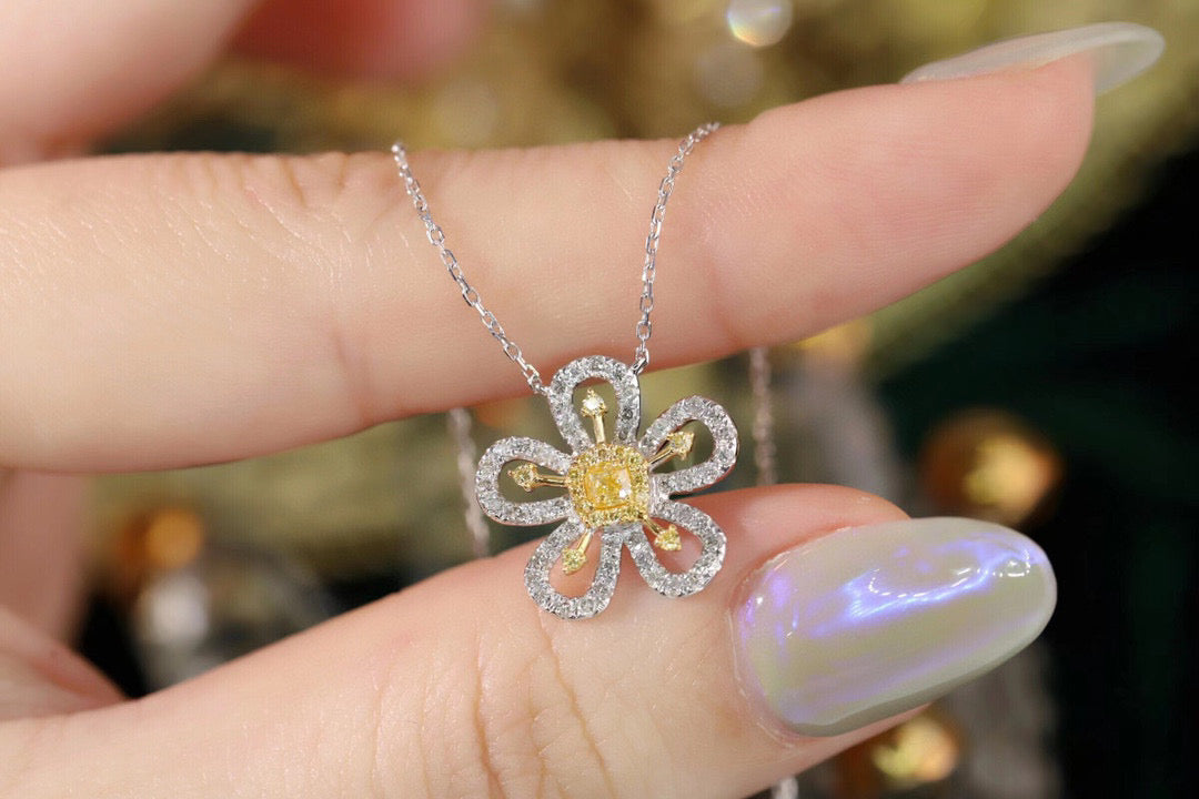 18K Solid Gold Genuine Yellow Diamond Flower necklace/Dainty Flower Diamond necklace/wedding,Anniversary Jewelry/ gift for her