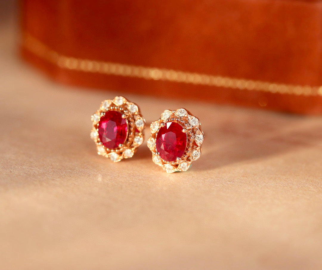 Vintage Ruby Diamond Earrings, 18K Solid Gold Ruby Diamond Stud Earrings