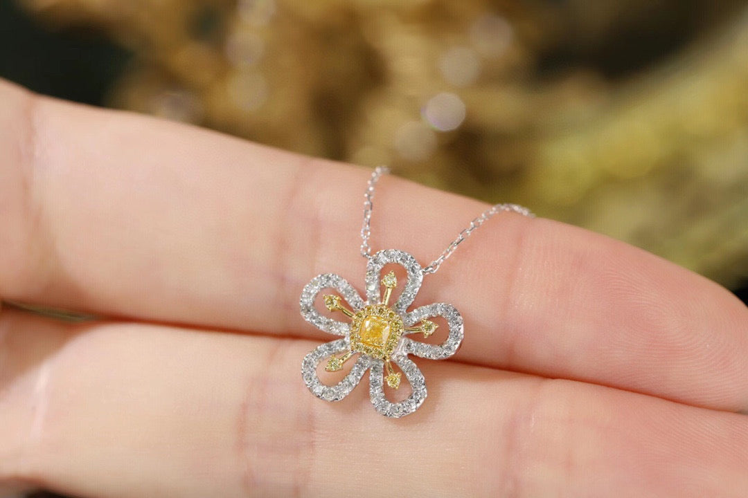 18K Solid Gold Genuine Yellow Diamond Flower necklace/Dainty Flower Diamond necklace/wedding,Anniversary Jewelry/ gift for her