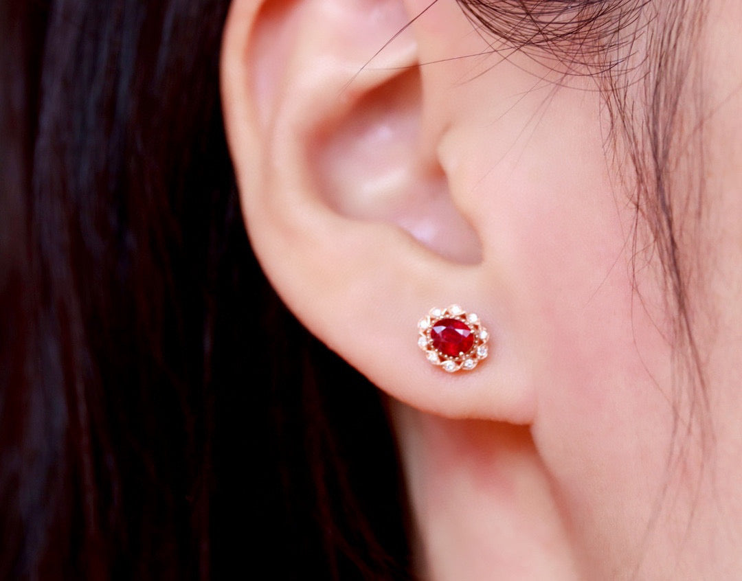 Vintage Ruby Diamond Earrings, 18K Solid Gold Ruby Diamond Stud Earrings