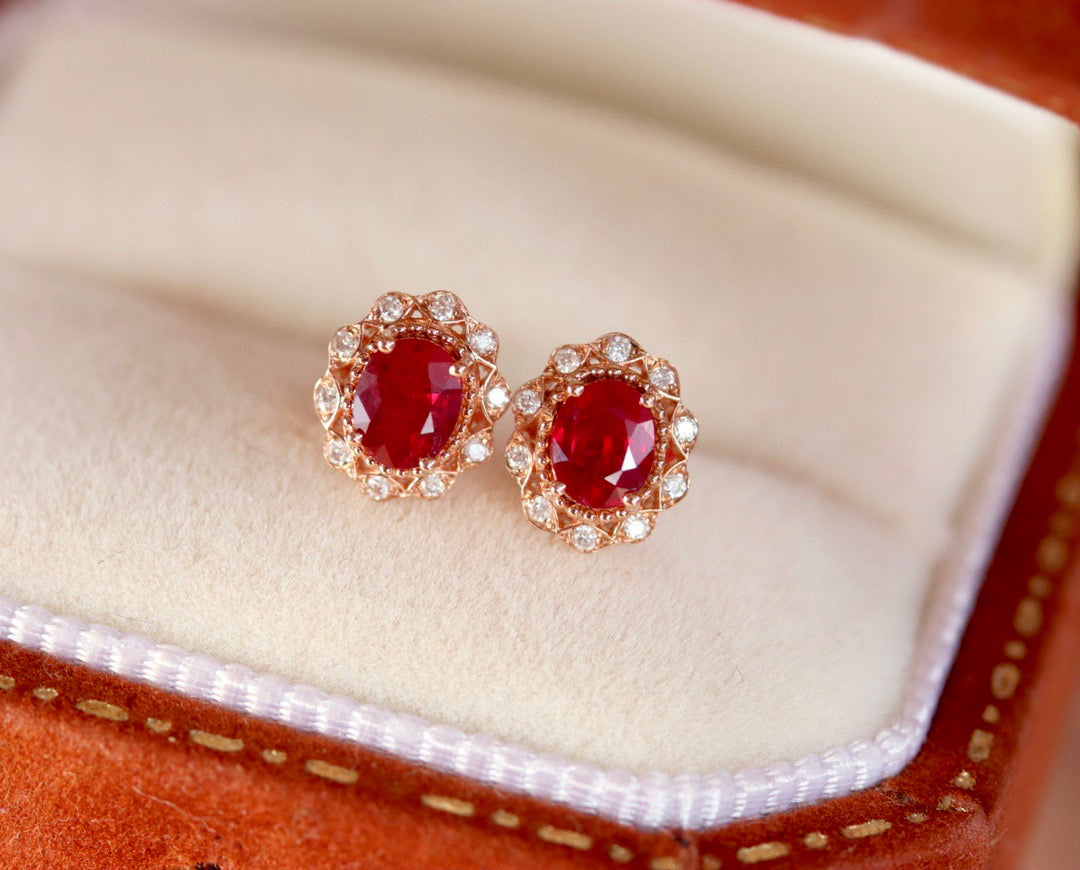 Vintage Ruby Diamond Earrings, 18K Solid Gold Ruby Diamond Stud Earrings