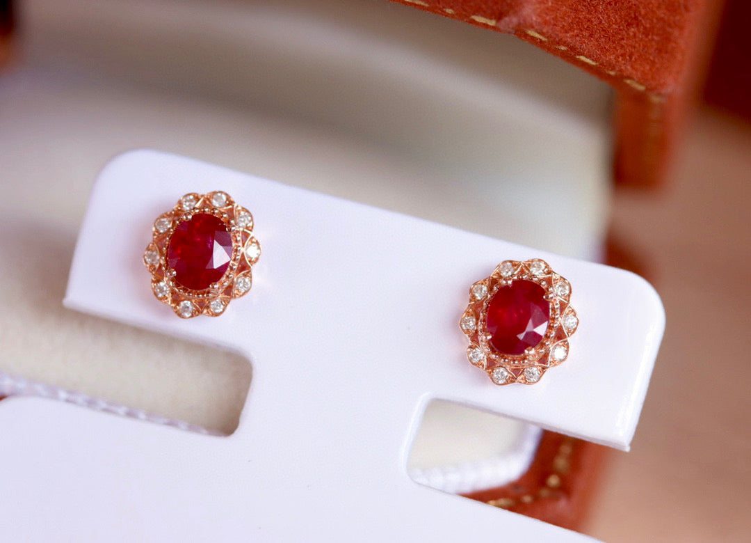 Vintage Ruby Diamond Earrings, 18K Solid Gold Ruby Diamond Stud Earrings