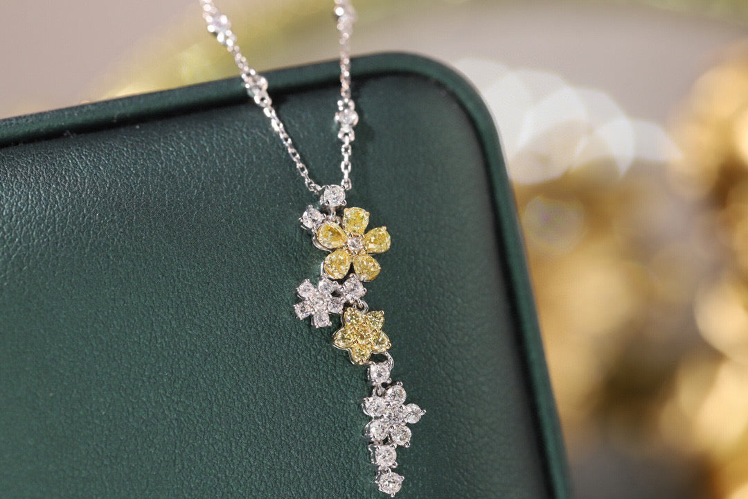 Fancy Flower Diamond Necklace, 18K Solid Gold Yellow Diamond Flower necklace, Wedding Necklace