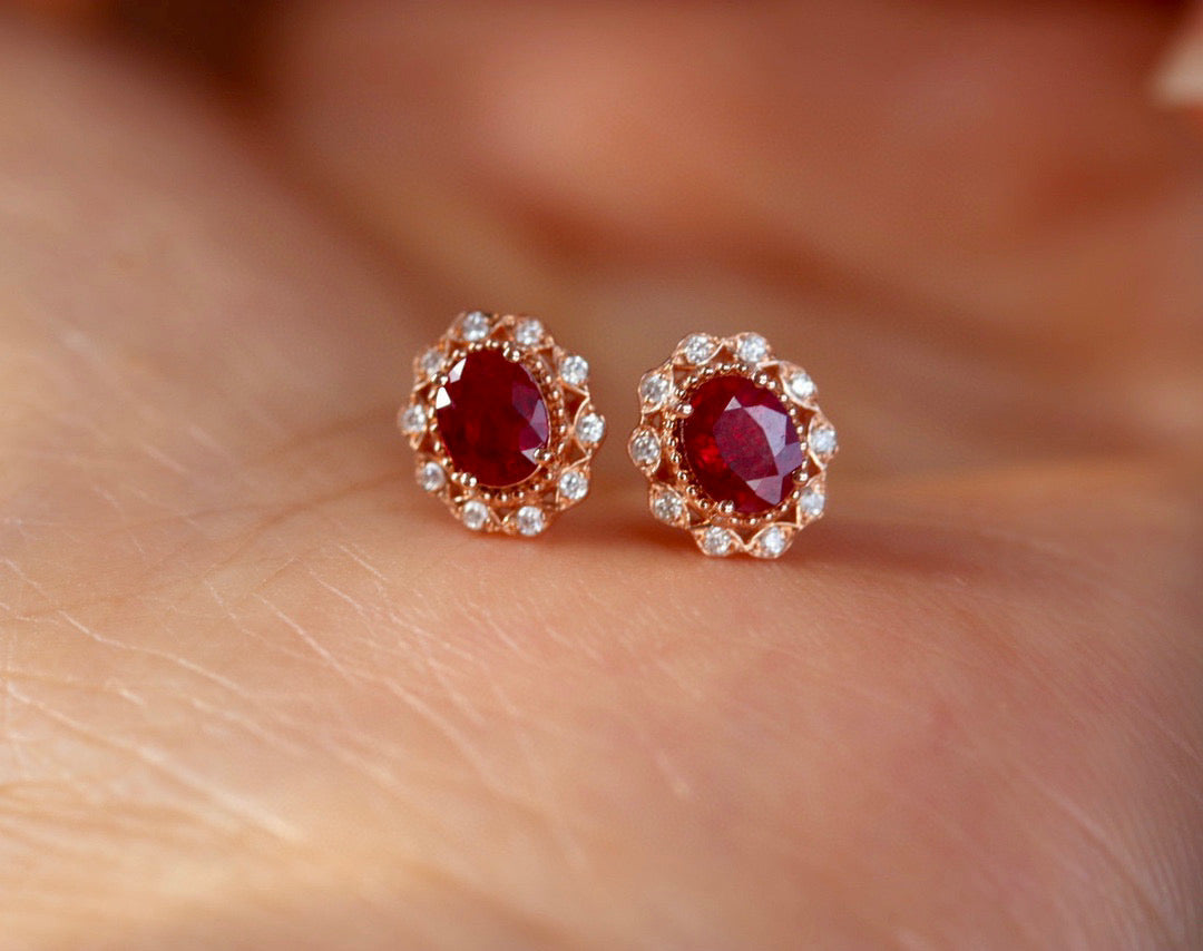 Vintage Ruby Diamond Earrings, 18K Solid Gold Ruby Diamond Stud Earrings