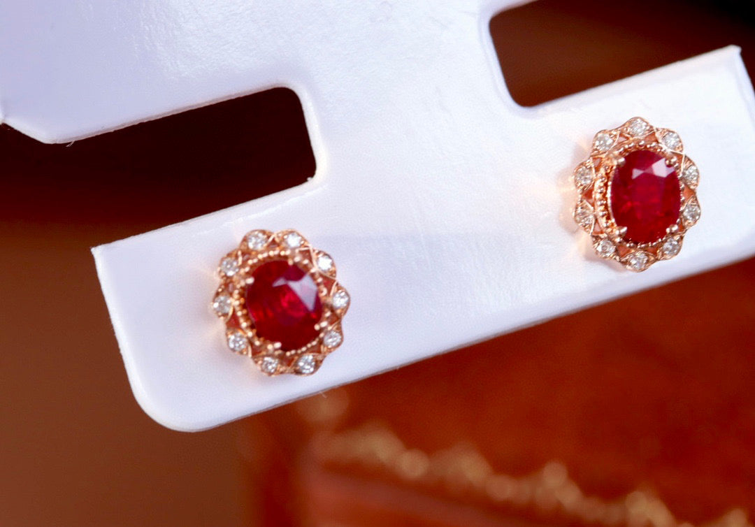 Vintage Ruby Diamond Earrings, 18K Solid Gold Ruby Diamond Stud Earrings