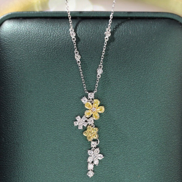 Fancy Flower Diamond Necklace, 18K Solid Gold Yellow Diamond Flower necklace, Wedding Necklace