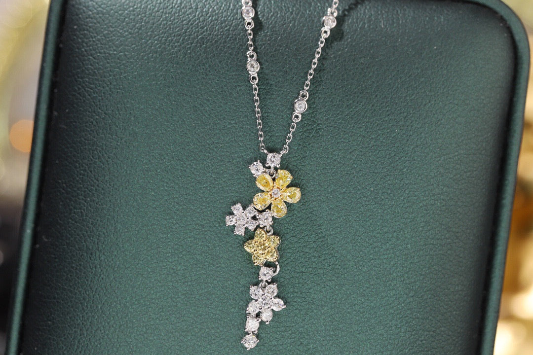 Fancy Flower Diamond Necklace, 18K Solid Gold Yellow Diamond Flower necklace, Wedding Necklace