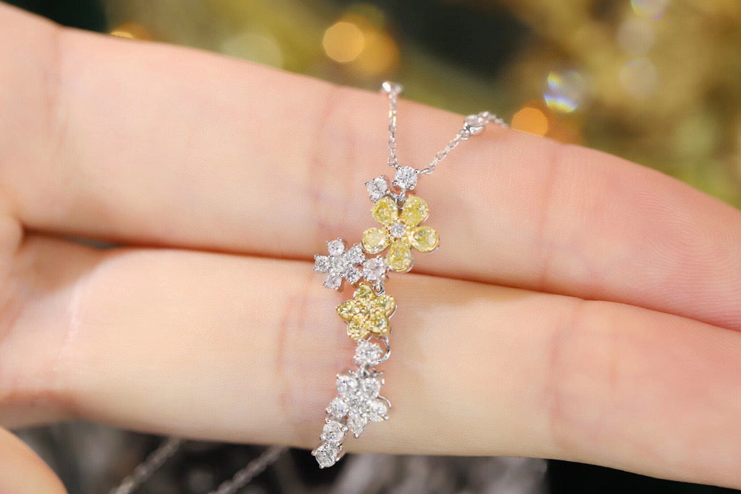 Fancy Flower Diamond Necklace, 18K Solid Gold Yellow Diamond Flower necklace, Wedding Necklace