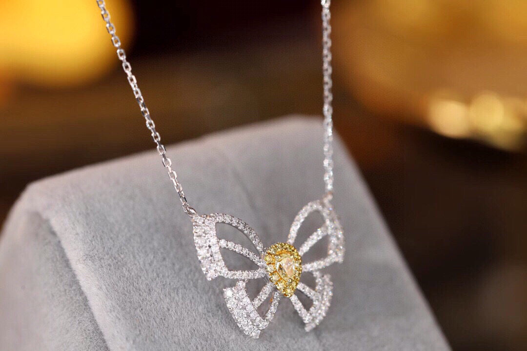 18K Solid Gold Genuine Yellow Diamond Butterfly necklace/Dainty Butterfly Diamond necklace/wedding,Anniversary Jewelry/ gift for her