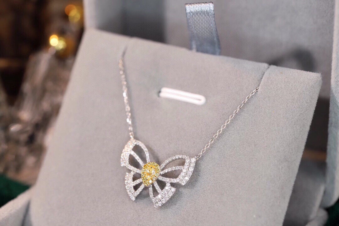 18K Solid Gold Genuine Yellow Diamond Butterfly necklace/Dainty Butterfly Diamond necklace/wedding,Anniversary Jewelry/ gift for her