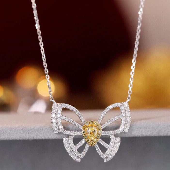 18K Solid Gold Genuine Yellow Diamond Butterfly necklace/Dainty Butterfly Diamond necklace/wedding,Anniversary Jewelry/ gift for her