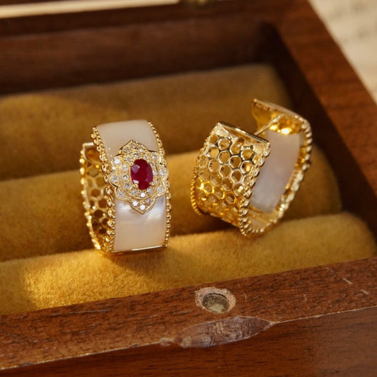 Vintage Ruby Diamond Hoop Earrings, 18K Solid Gold Ruby Diamond Hoop Earrings