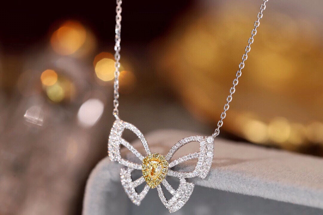 18K Solid Gold Genuine Yellow Diamond Butterfly necklace/Dainty Butterfly Diamond necklace/wedding,Anniversary Jewelry/ gift for her