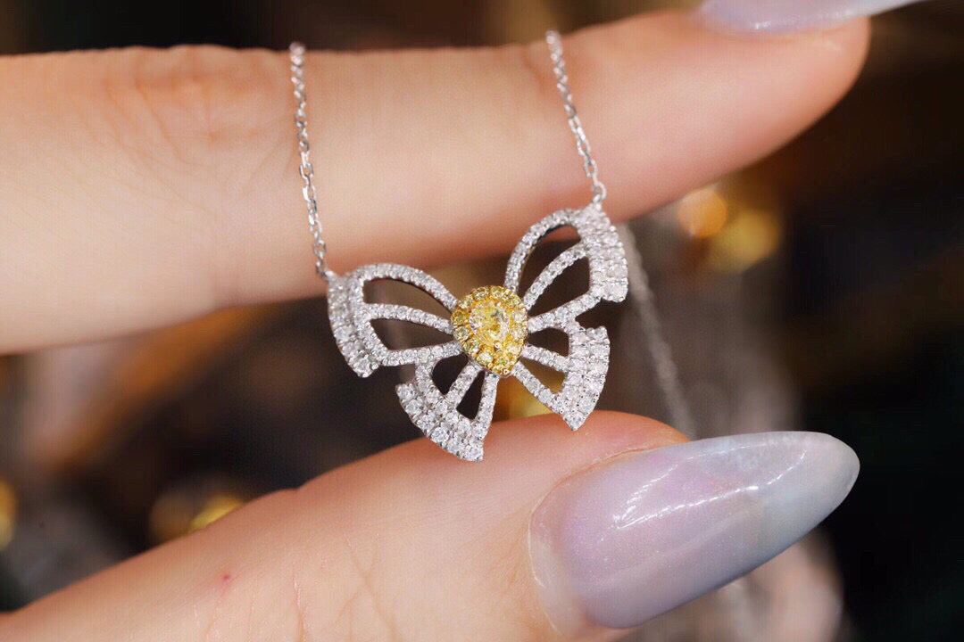 18K Solid Gold Genuine Yellow Diamond Butterfly necklace/Dainty Butterfly Diamond necklace/wedding,Anniversary Jewelry/ gift for her