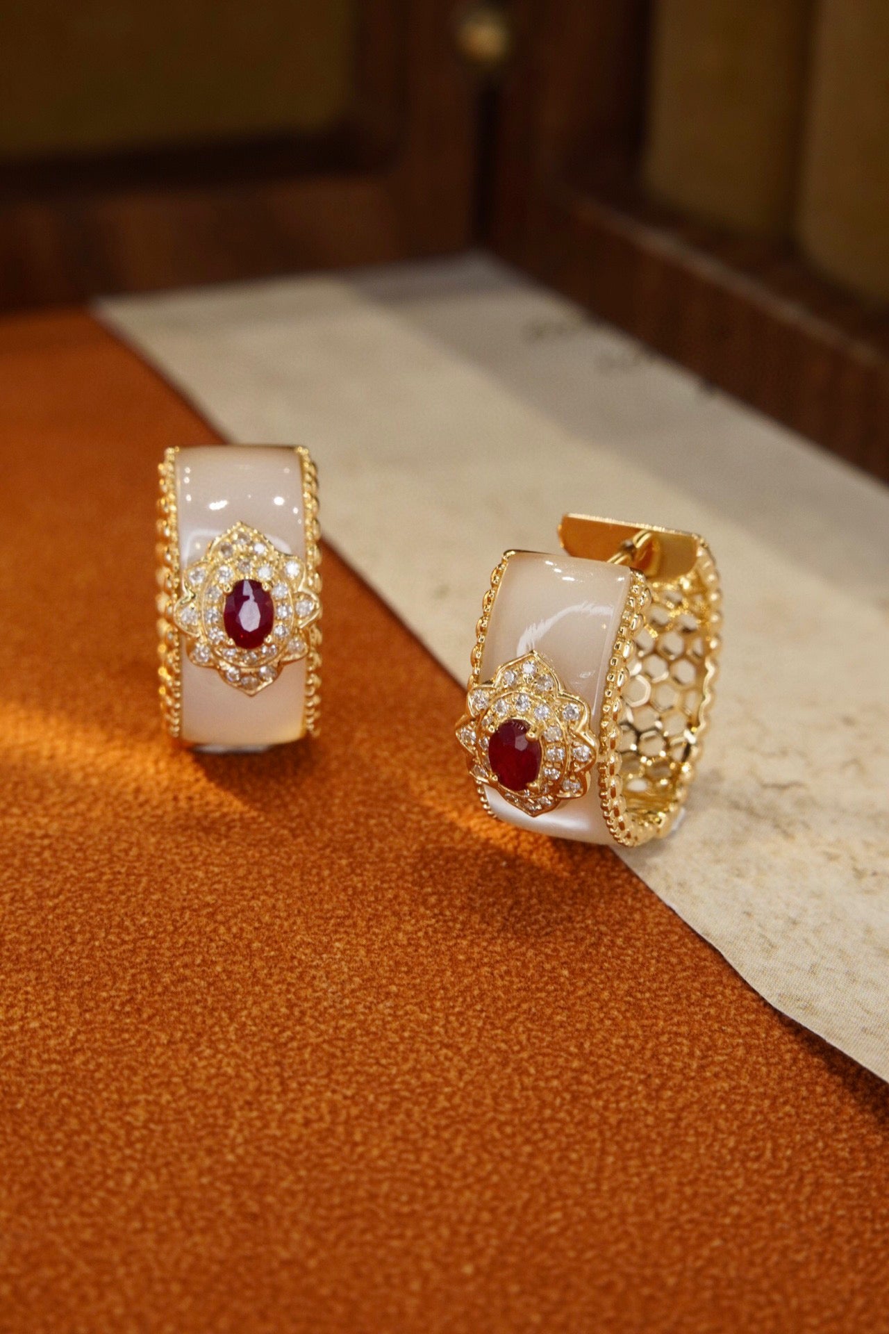 Vintage Ruby Diamond Hoop Earrings, 18K Solid Gold Ruby Diamond Hoop Earrings