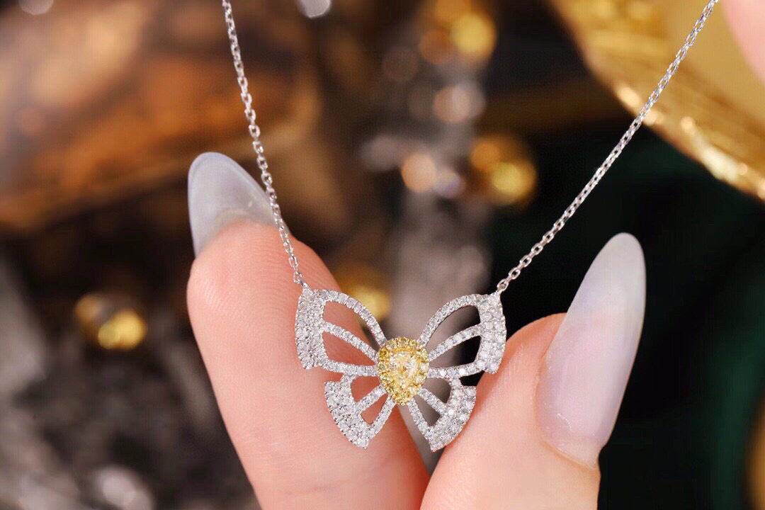 18K Solid Gold Genuine Yellow Diamond Butterfly necklace/Dainty Butterfly Diamond necklace/wedding,Anniversary Jewelry/ gift for her