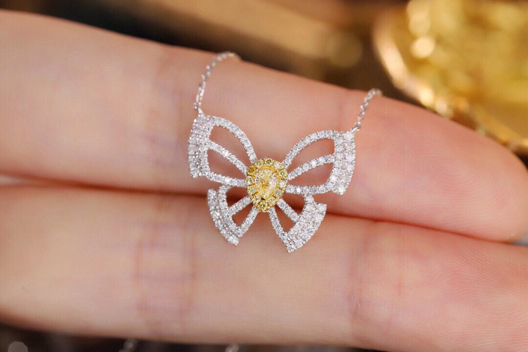 18K Solid Gold Genuine Yellow Diamond Butterfly necklace/Dainty Butterfly Diamond necklace/wedding,Anniversary Jewelry/ gift for her