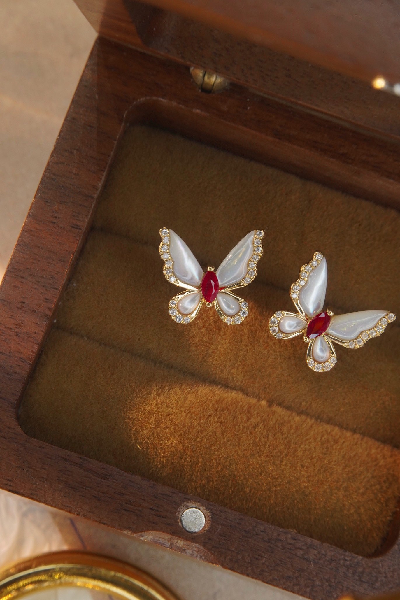 Butterfly Ruby Diamond Earrings, 18K Solid Gold Ruby Diamond Butterfly Stud Earrings