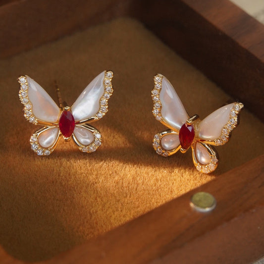 Butterfly Ruby Diamond Earrings, 18K Solid Gold Ruby Diamond Butterfly Stud Earrings