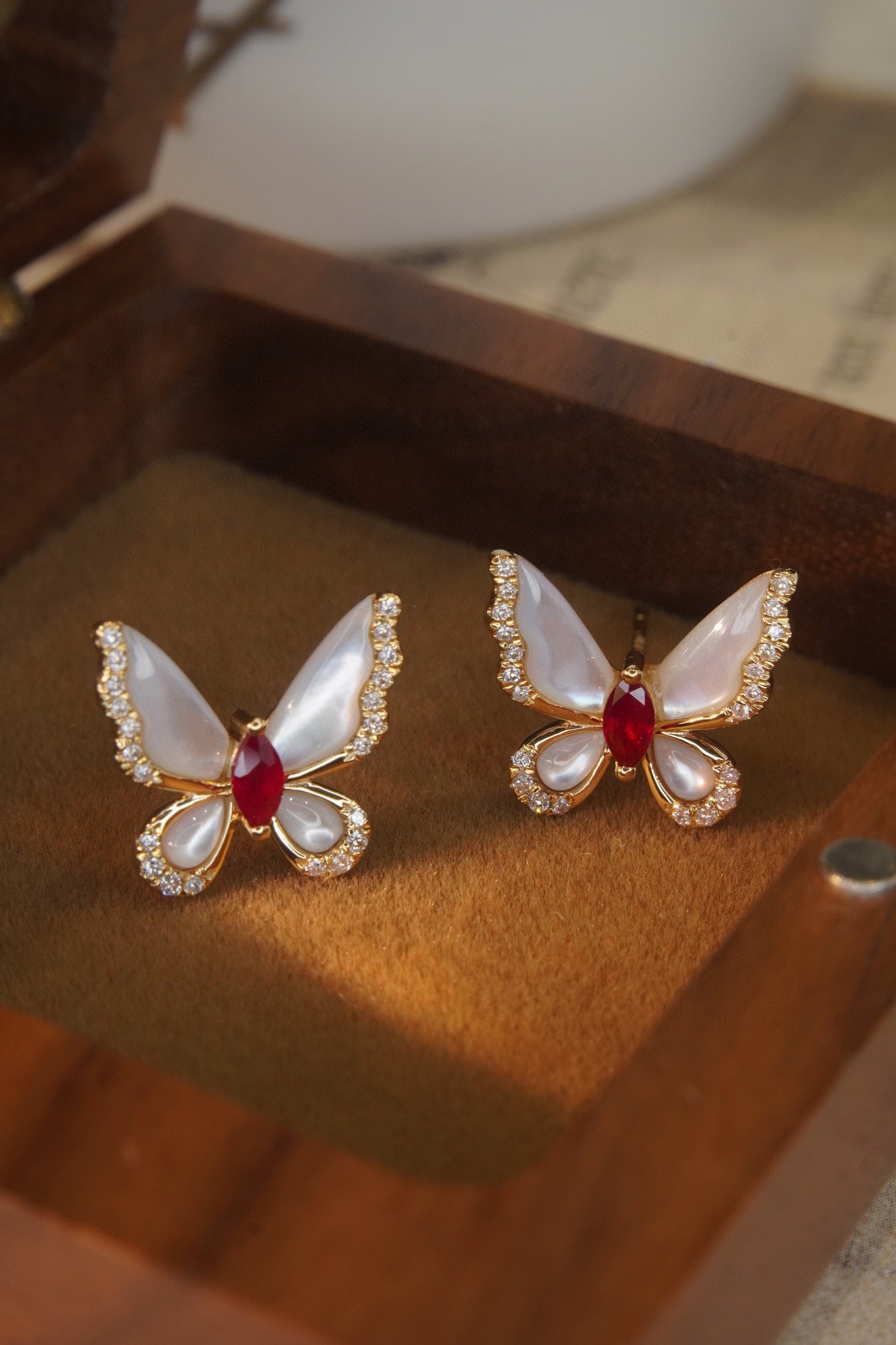 Butterfly Ruby Diamond Earrings, 18K Solid Gold Ruby Diamond Butterfly Stud Earrings