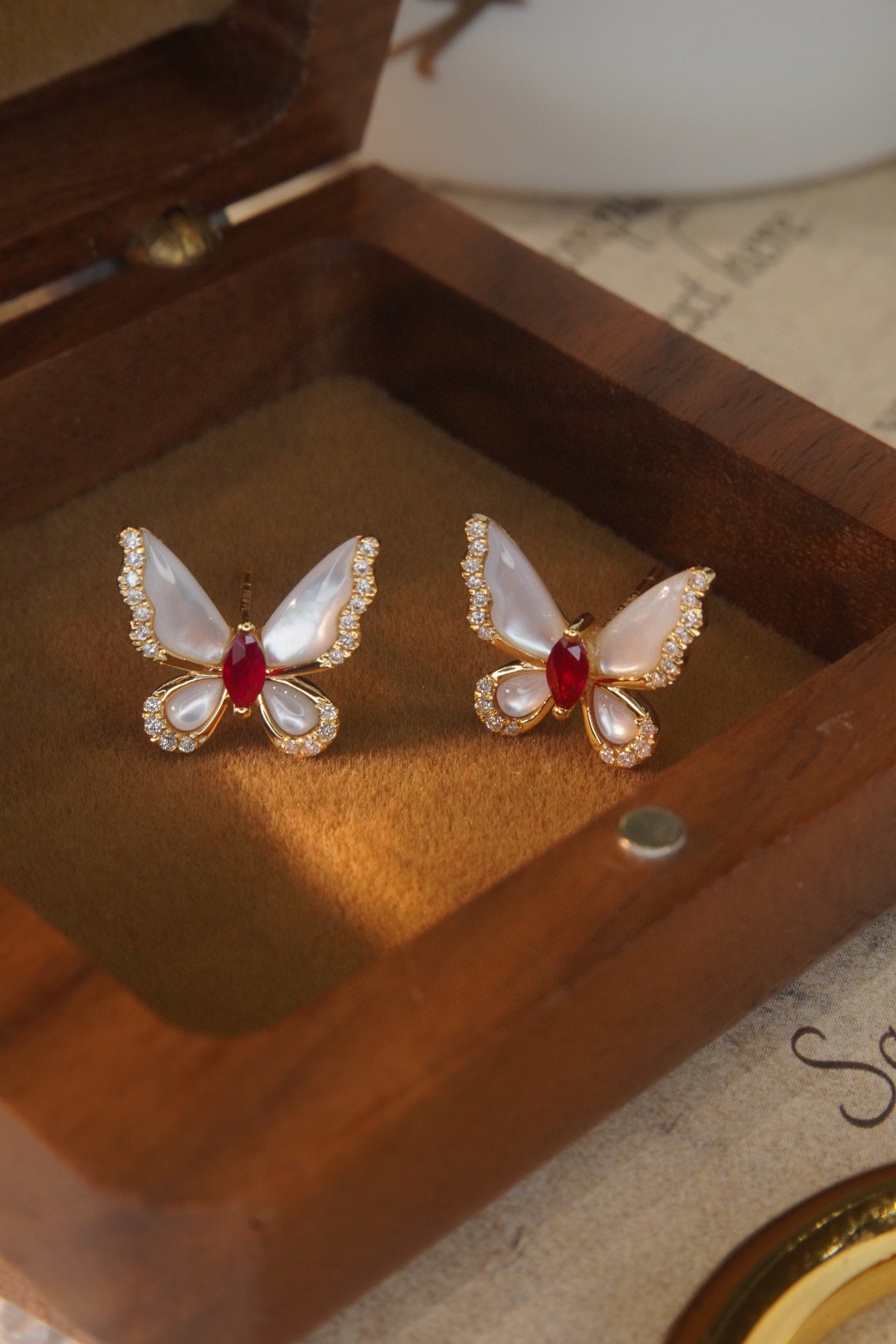 Butterfly Ruby Diamond Earrings, 18K Solid Gold Ruby Diamond Butterfly Stud Earrings