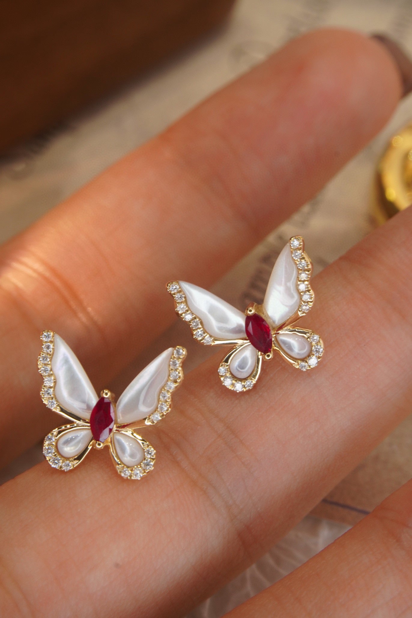 Butterfly Ruby Diamond Earrings, 18K Solid Gold Ruby Diamond Butterfly Stud Earrings